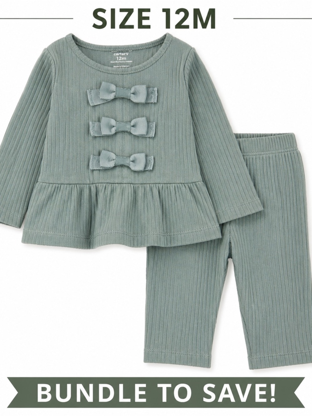 Carter's Sage Green Ribbed Bow Top and Leggings Set